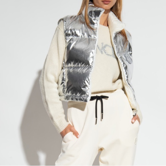 MONCLER NWT Blavet Silver Down Quilted Puffer Vest 3 L Metallic - Picture 2 of 16